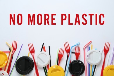 Image of Text NO MORE PLASTIC and different disposable dishware on white background, flat lay
