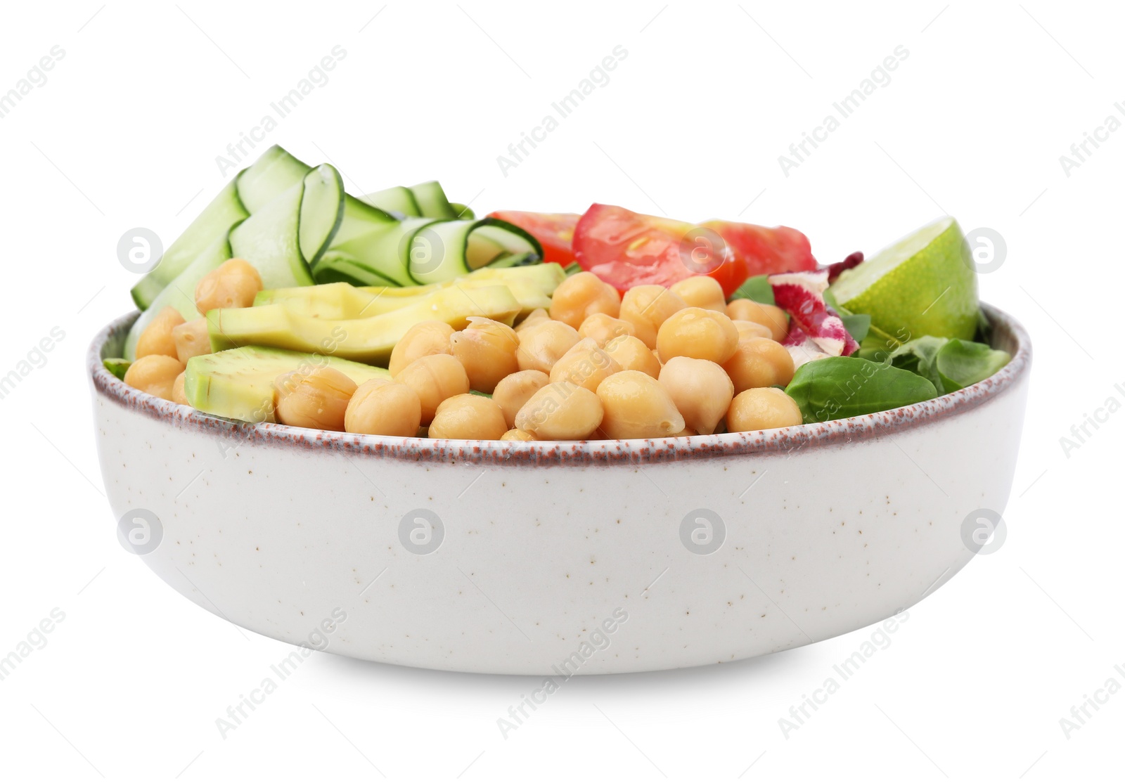 Photo of Tasty salad with chickpeas and vegetables isolated on white