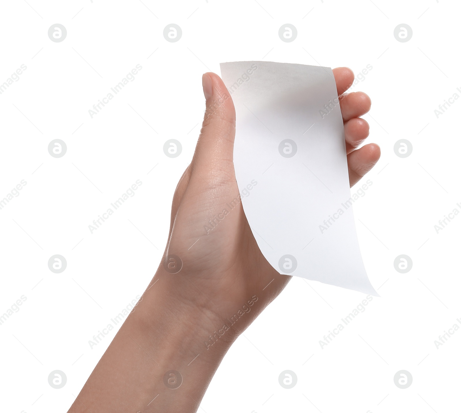 Photo of Woman holding piece of blank thermal paper for receipt on white background, closeup