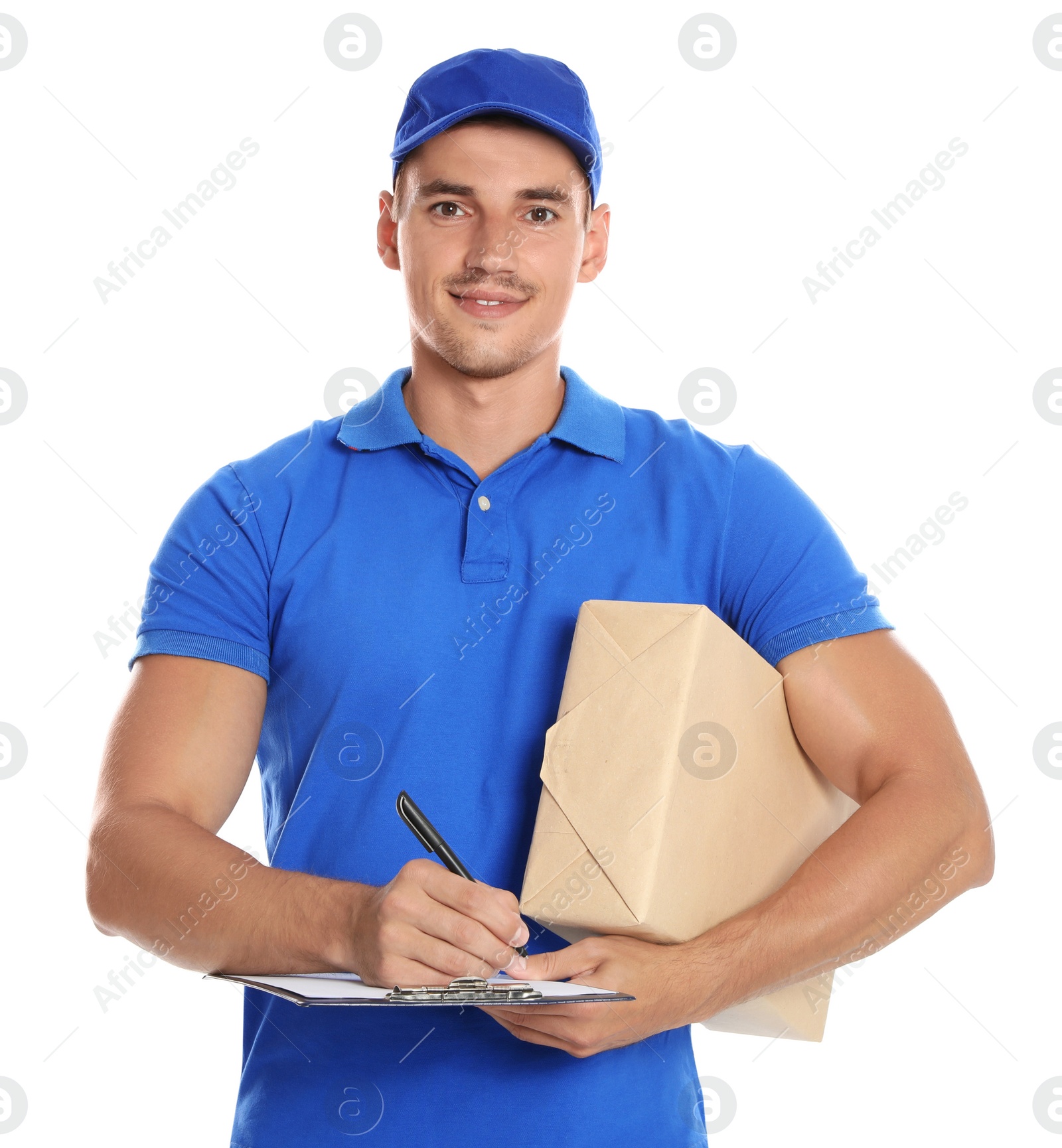 Photo of Happy young courier with parcel and clipboard on white background