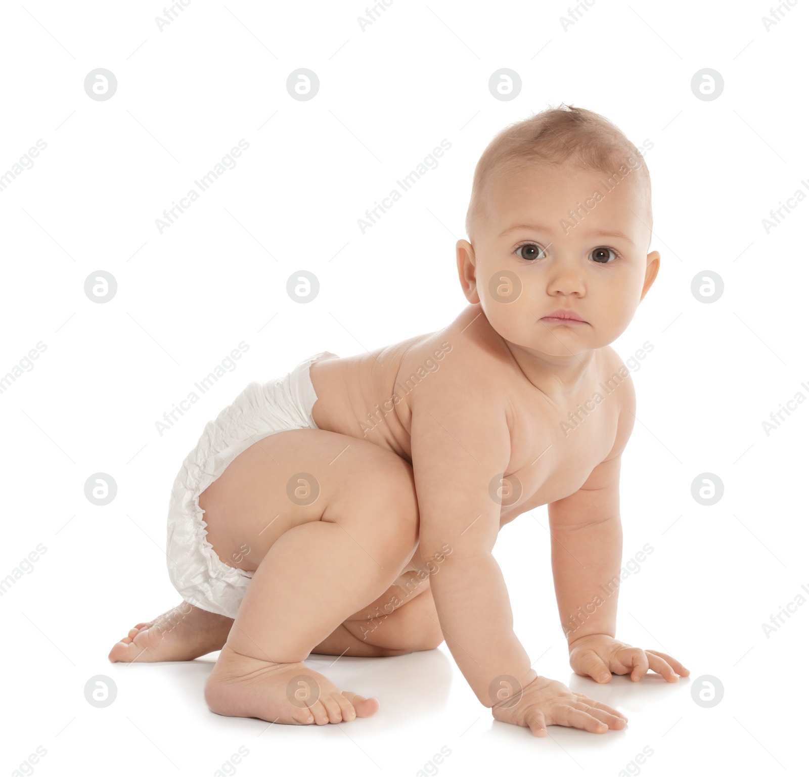 Photo of Cute little baby crawling on white background