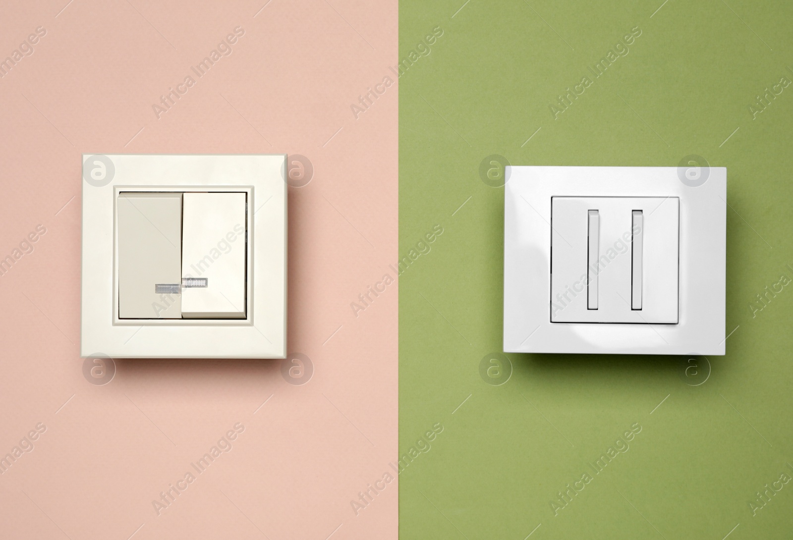 Photo of Light switches on color background, flat lay