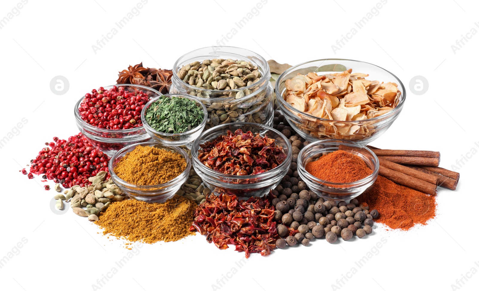 Photo of Bowls with different spices on white background