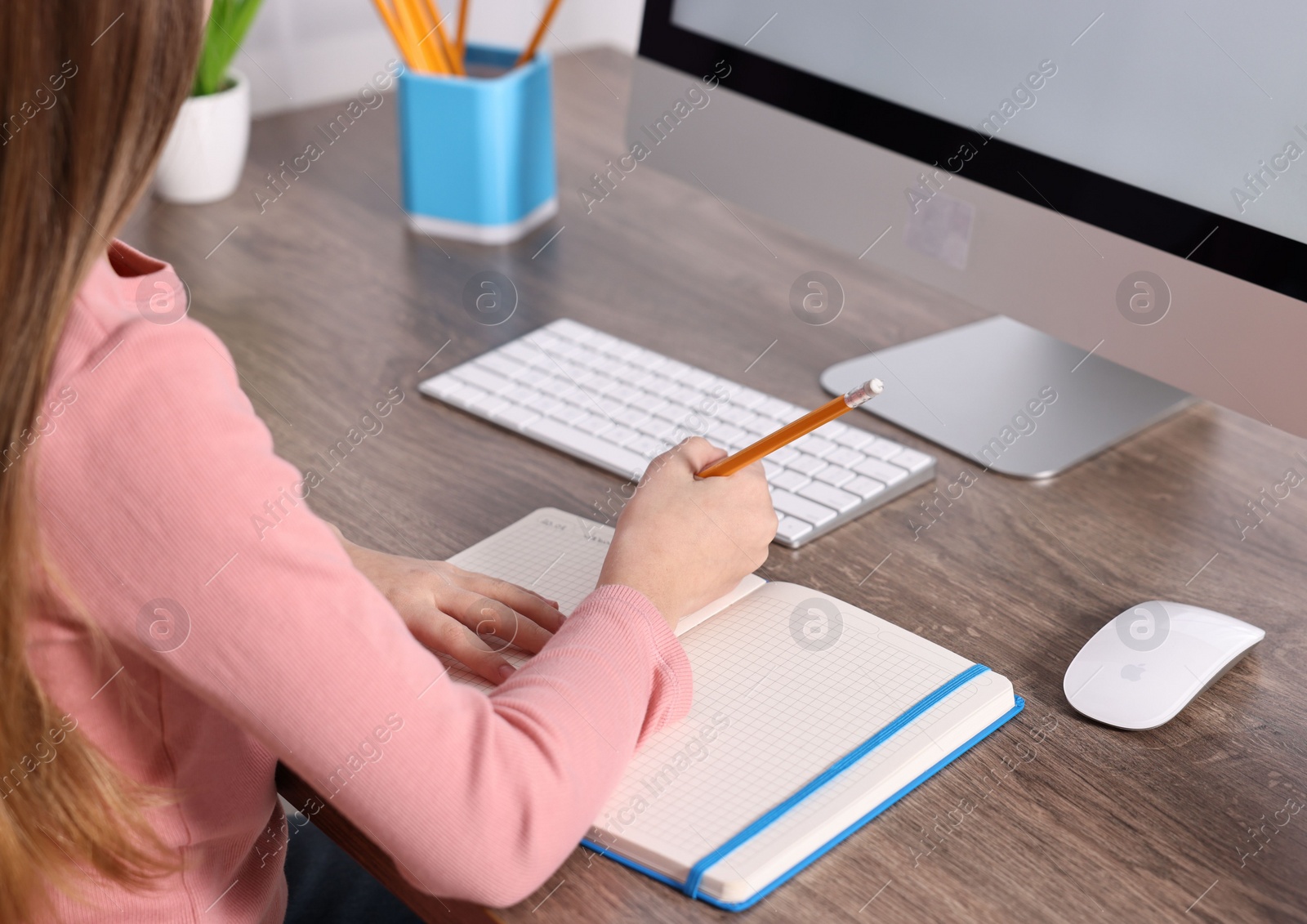 Photo of E-learning. Girl taking notes during online lesson at table indoors, closeup