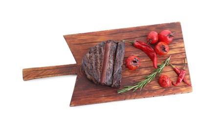 Board with delicious grilled beef meat with vegetables and rosemary isolated on white, top view