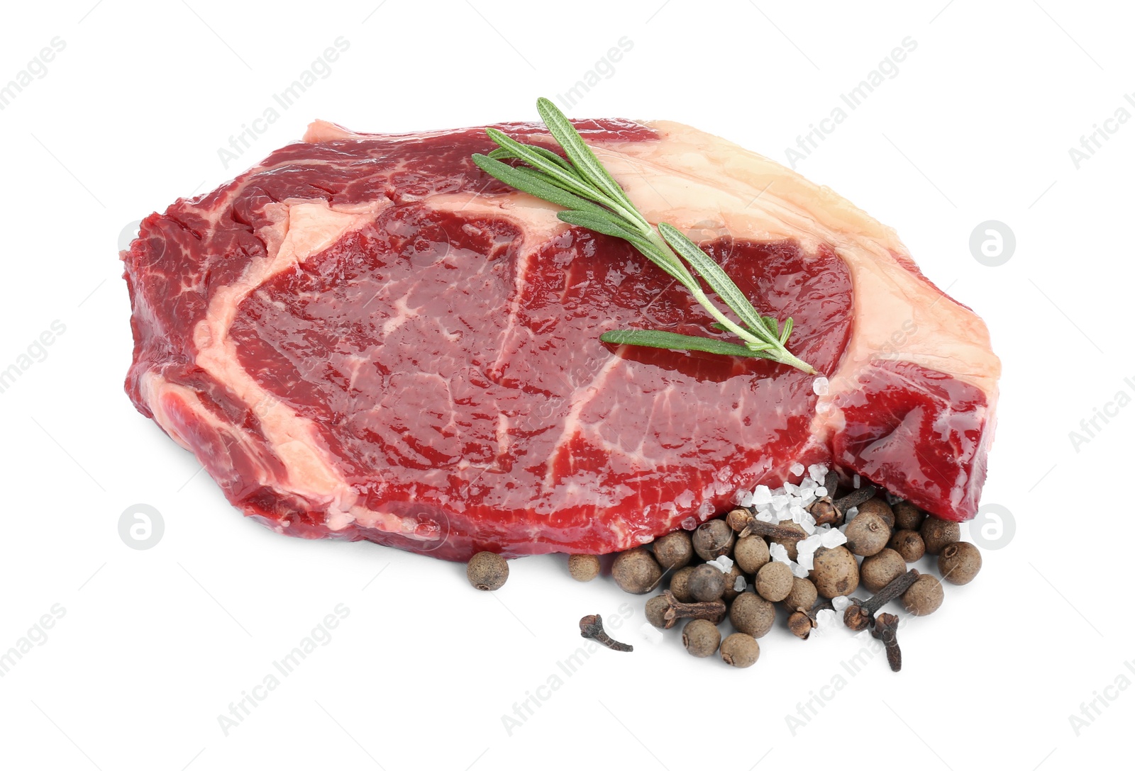 Photo of Piece of fresh beef meat, rosemary and spices on white background