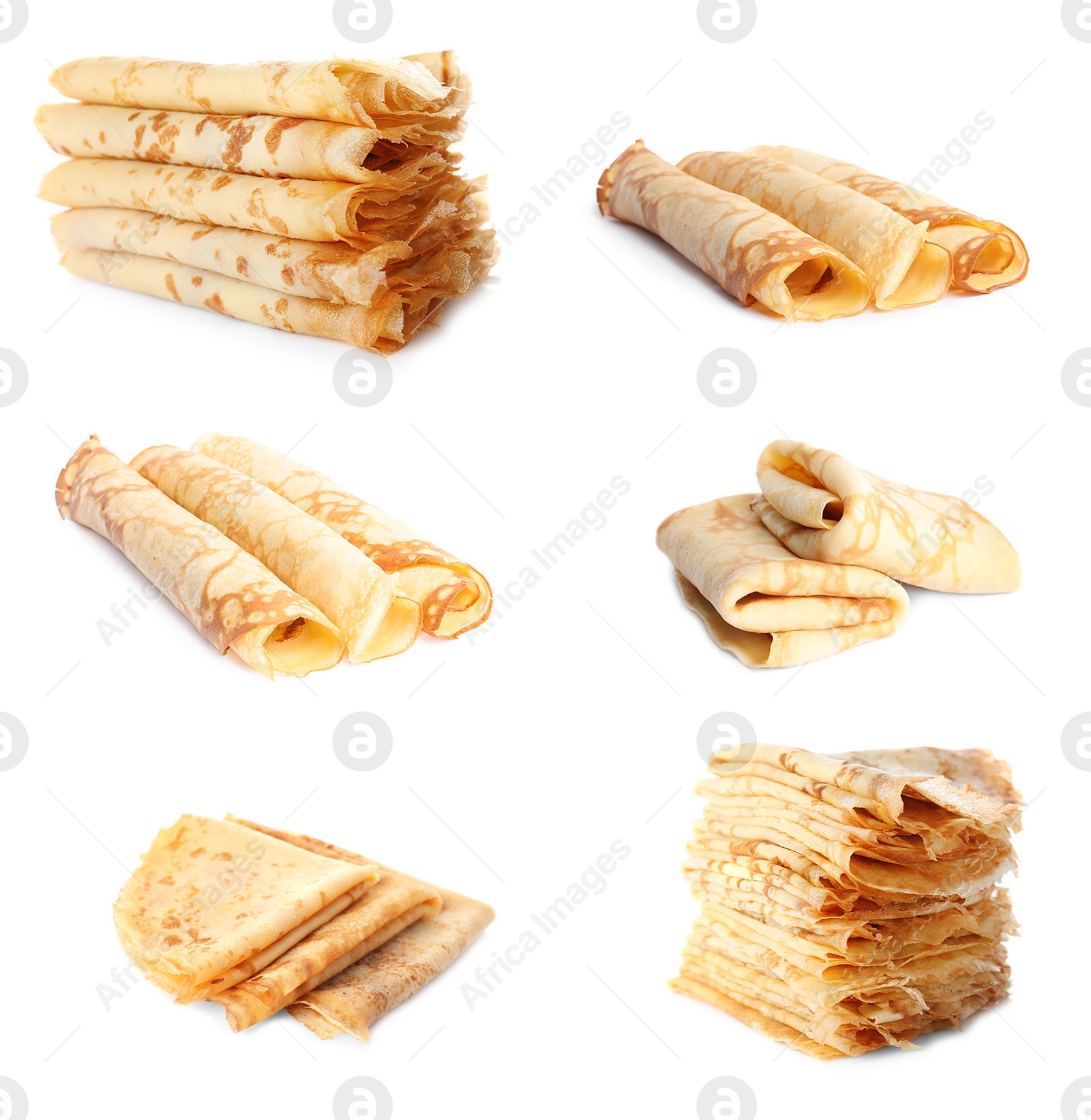 Image of Set of tasty thin pancakes on white background