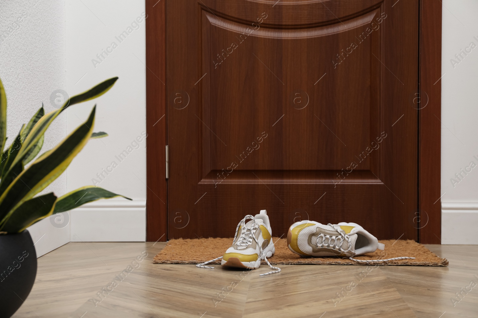 Photo of Stylish shoes on door mat in hall