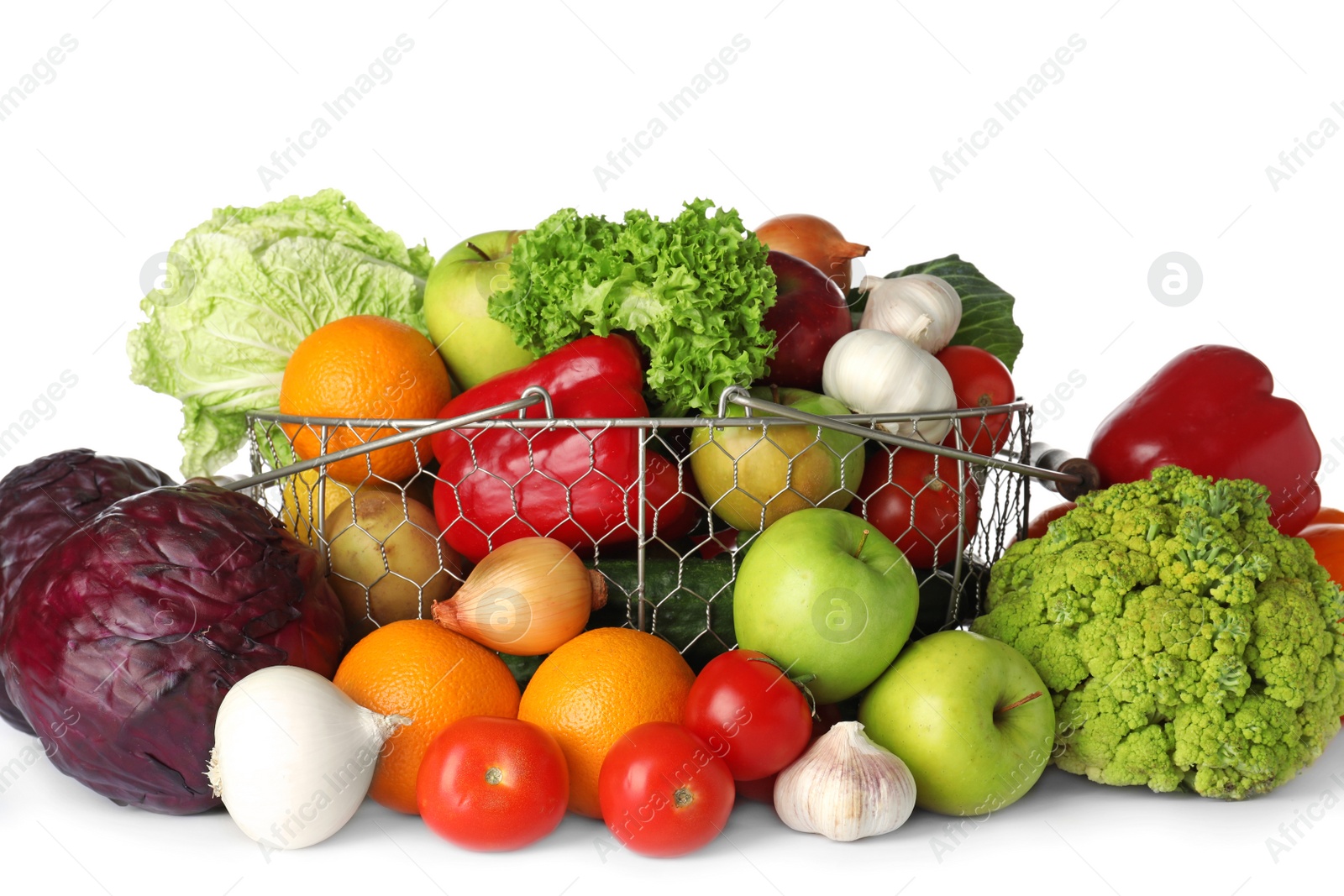 Photo of Basket with fresh fruits and vegetables isolated on white