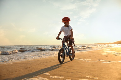 Photo of Happy little boy riding bicycle on sandy beach near sea at sunset