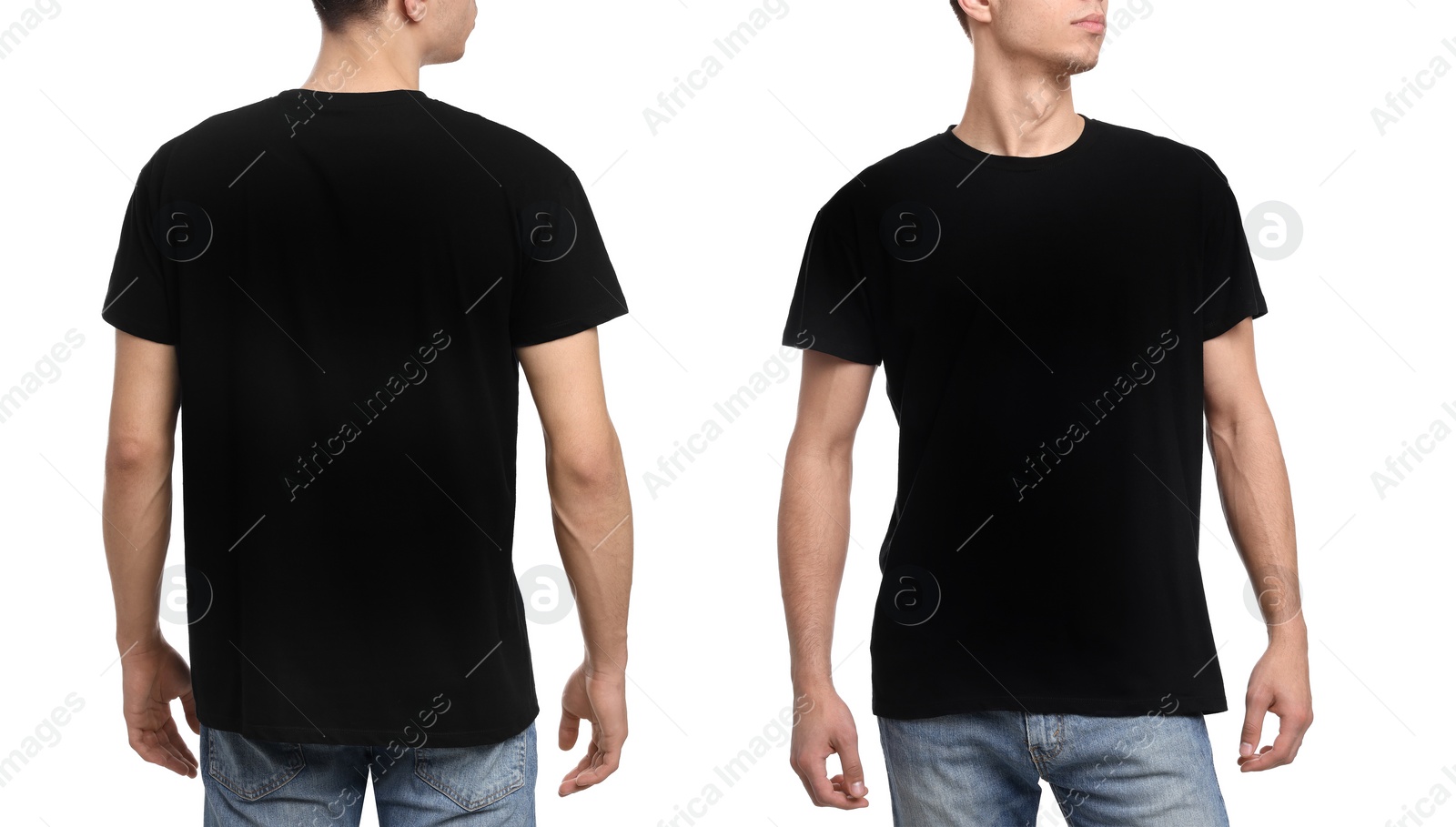 Image of Collage with photos of man in black t-shirt on white background, closeup. Back and front views for mockup design