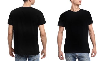 Collage with photos of man in black t-shirt on white background, closeup. Back and front views for mockup design