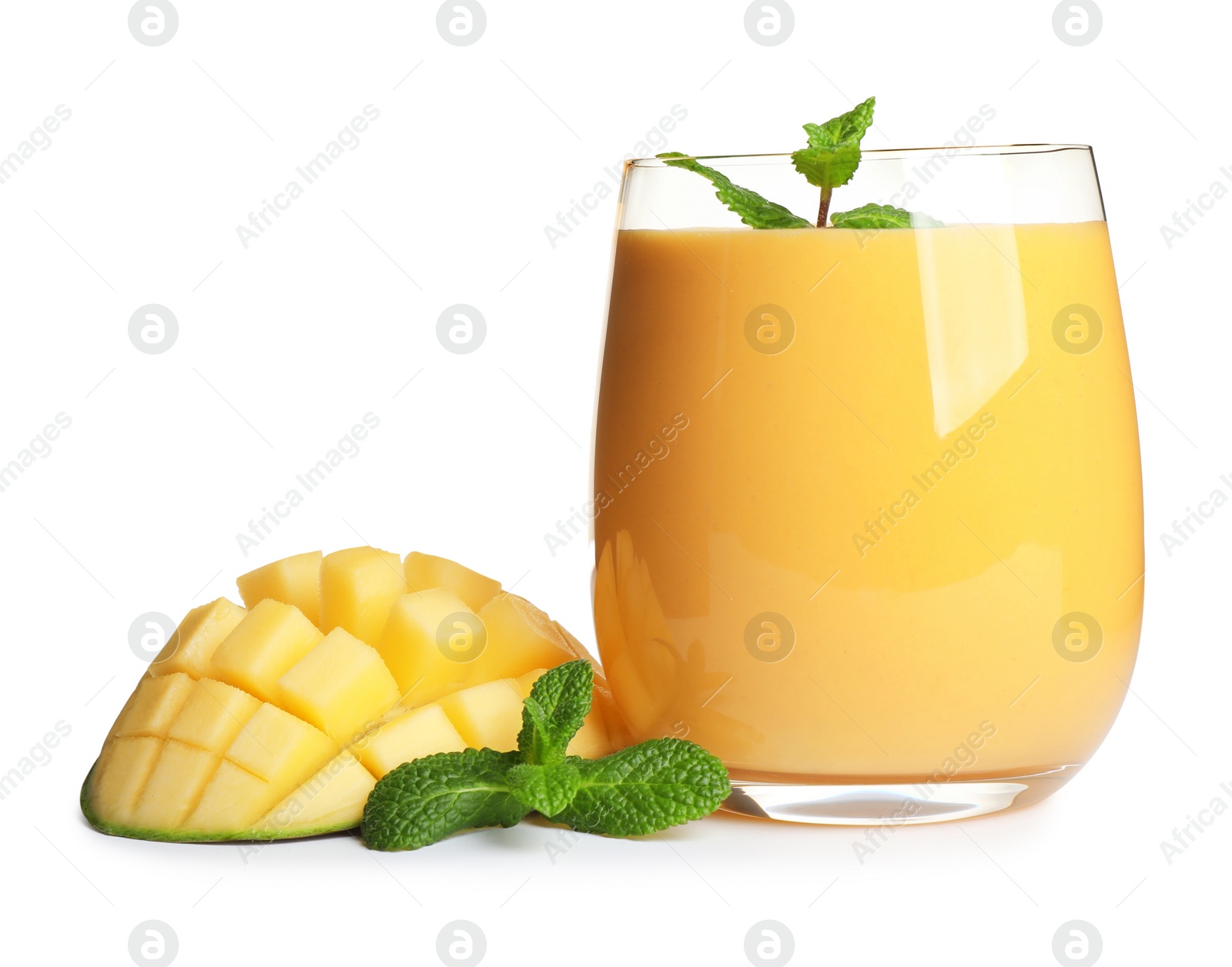 Photo of Fresh delicious mango drink isolated on white