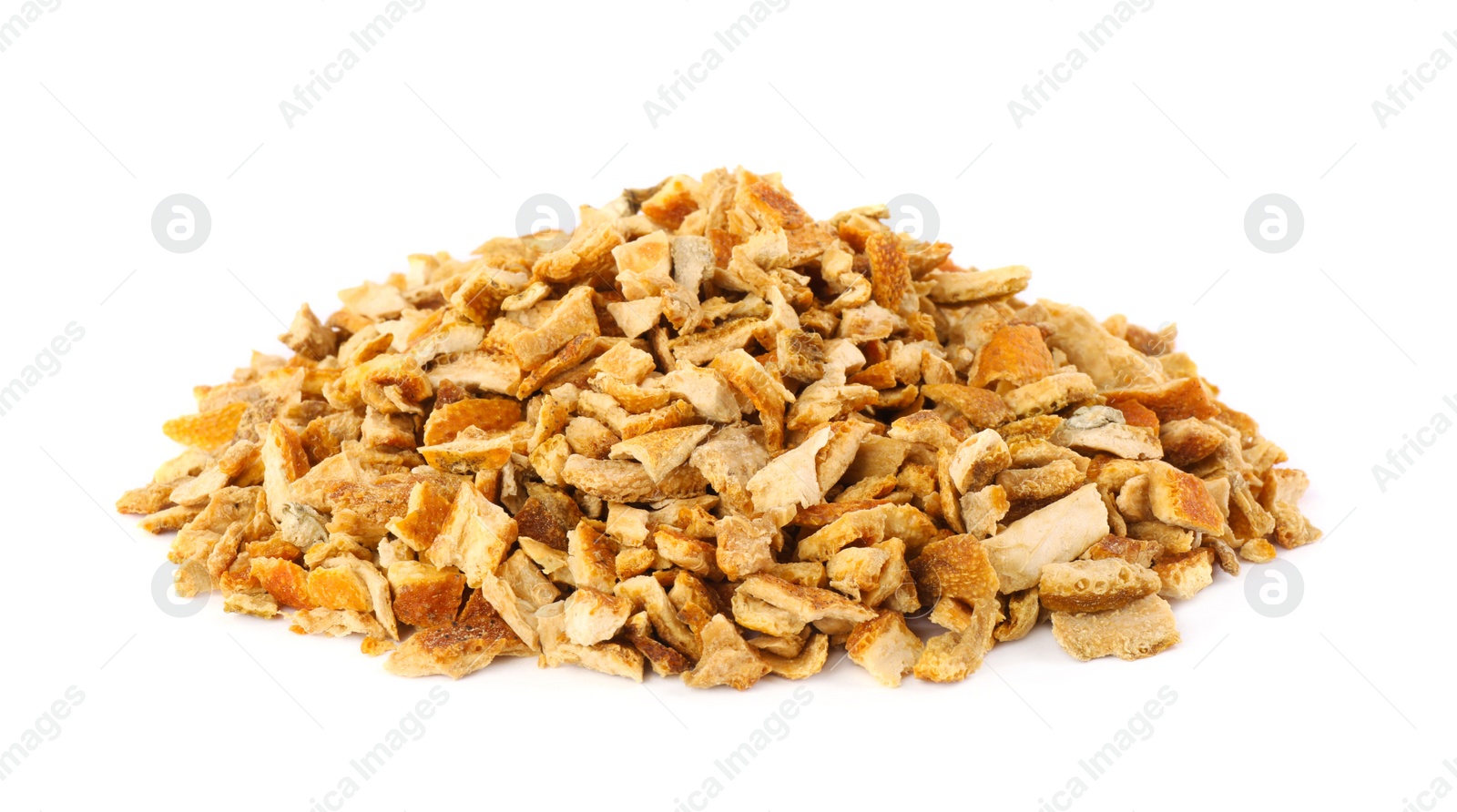 Photo of Pile of dried orange zest seasoning isolated on white