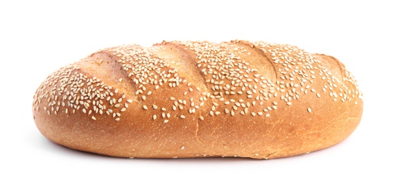 Photo of Loaf of fresh bread with sesame seeds on white background