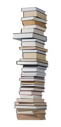 Photo of High stack of many different books isolated on white