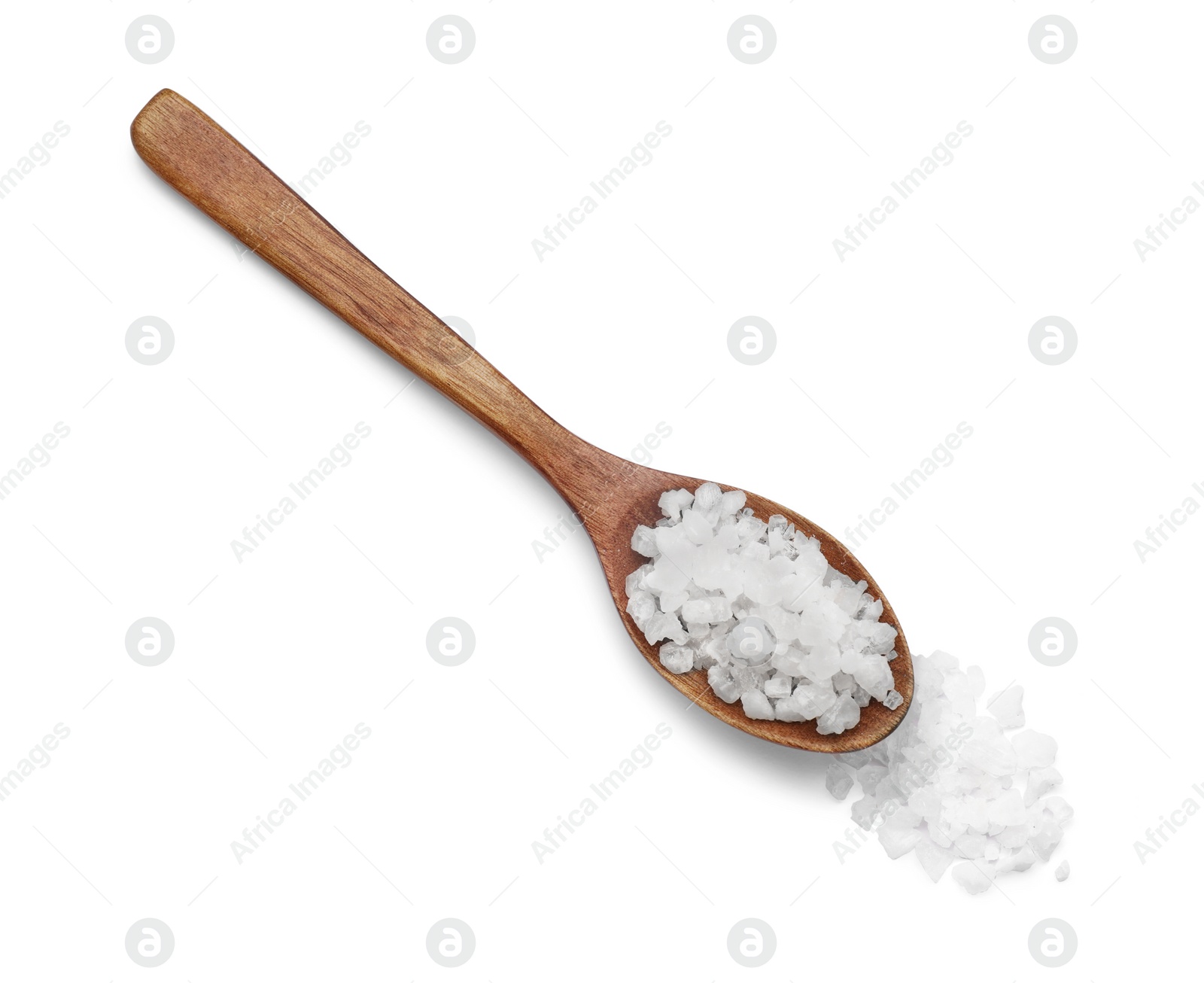 Photo of Spoon with sea salt isolated on white, top view