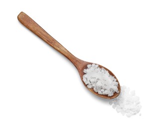 Photo of Spoon with sea salt isolated on white, top view