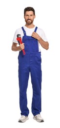 Photo of Professional plumber with pipe wrench on white background