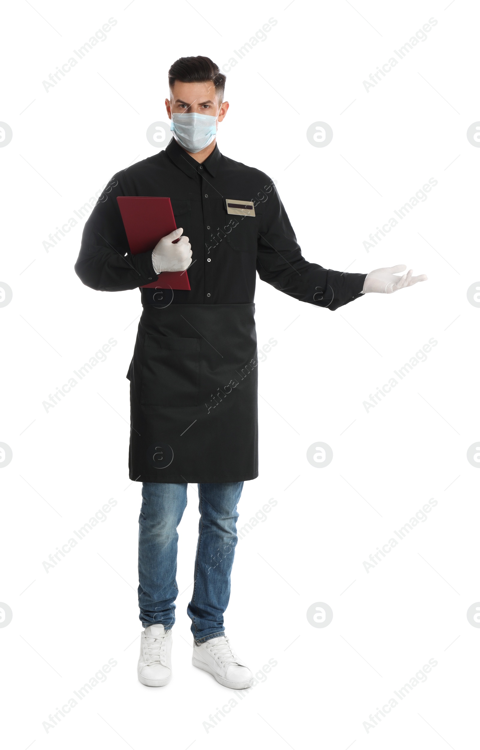 Photo of Waiter in medical face mask with menu on white background