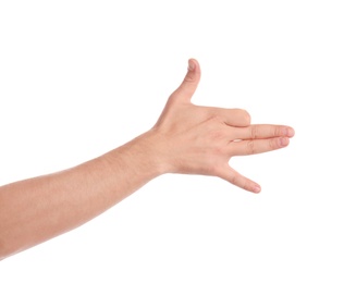 Photo of Man showing gesture for shadow play on white background, closeup of hand