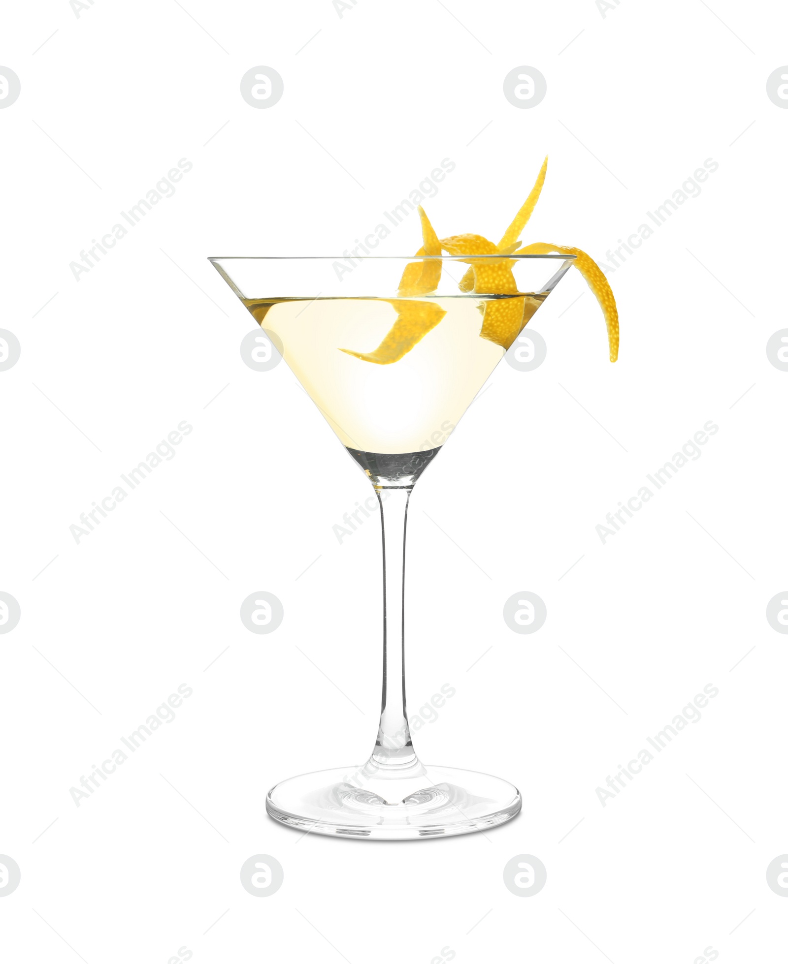 Photo of Glass of lemon drop martini cocktail  with zest on white background