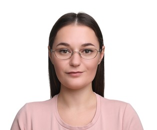 Beautiful woman with glasses on white background