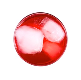 Photo of Tasty cranberry juice with ice cubes in glass isolated on white, top view