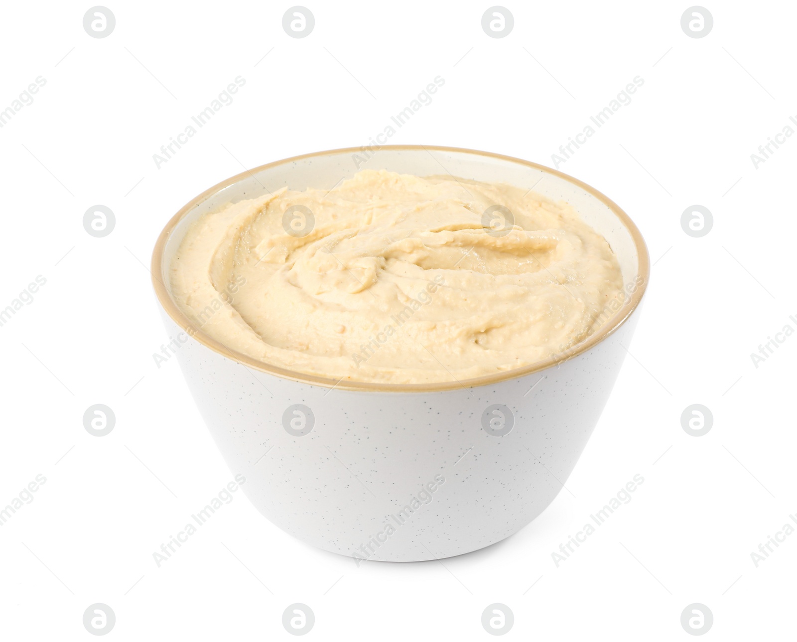 Photo of Tasty hummus in bowl isolated on white