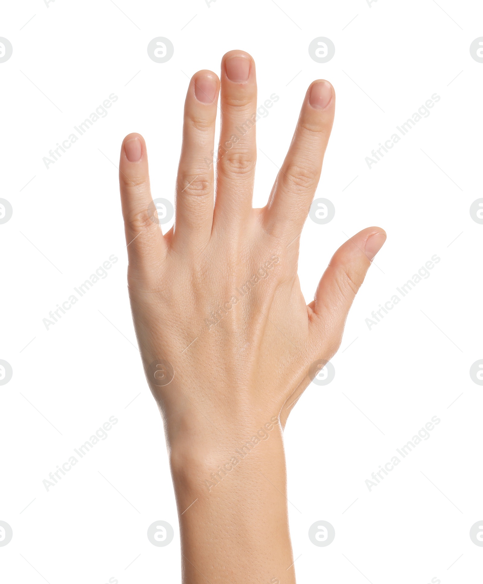 Photo of Woman showing hand on white background, closeup