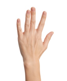 Woman showing hand on white background, closeup