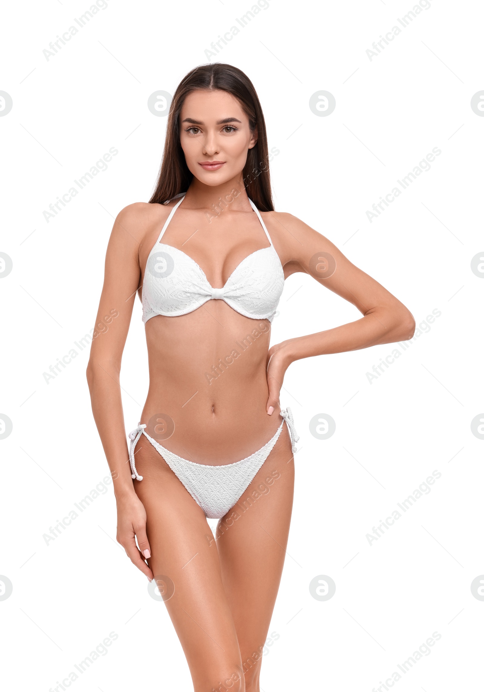 Photo of Young woman in stylish bikini isolated on white