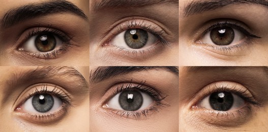 Collage with photos of people with beautiful eyes of different colors. Banner design