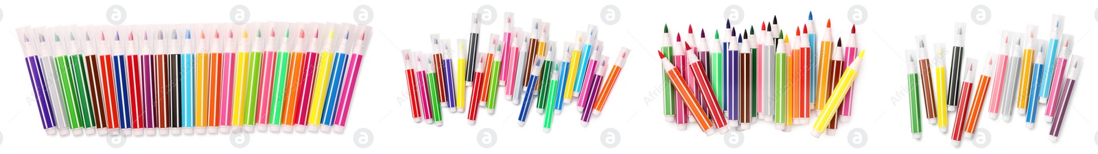 Image of Collage with many colorful felt tip pens on white background, top view