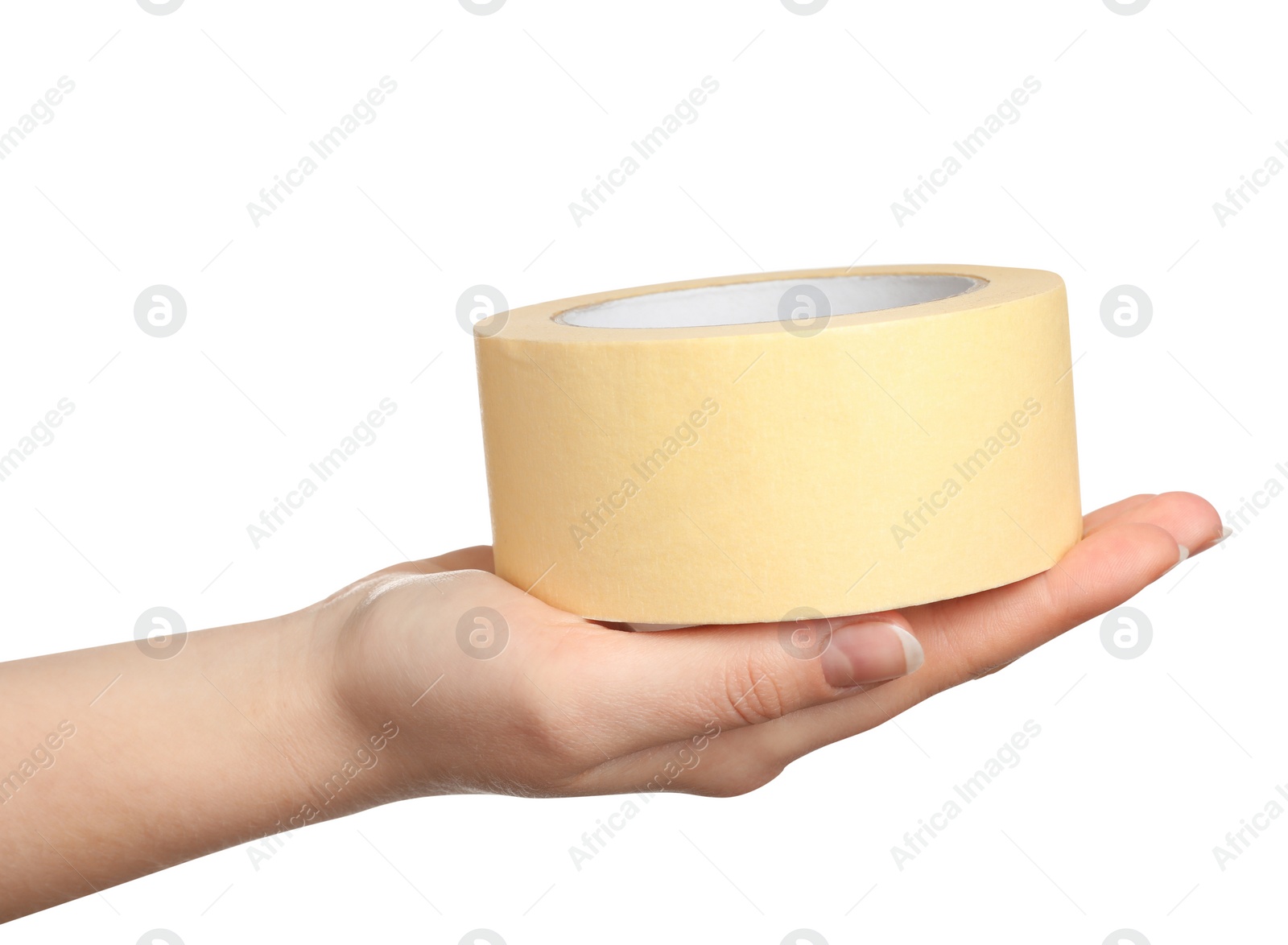 Photo of Woman holding beige adhesive tape on white background, closeup