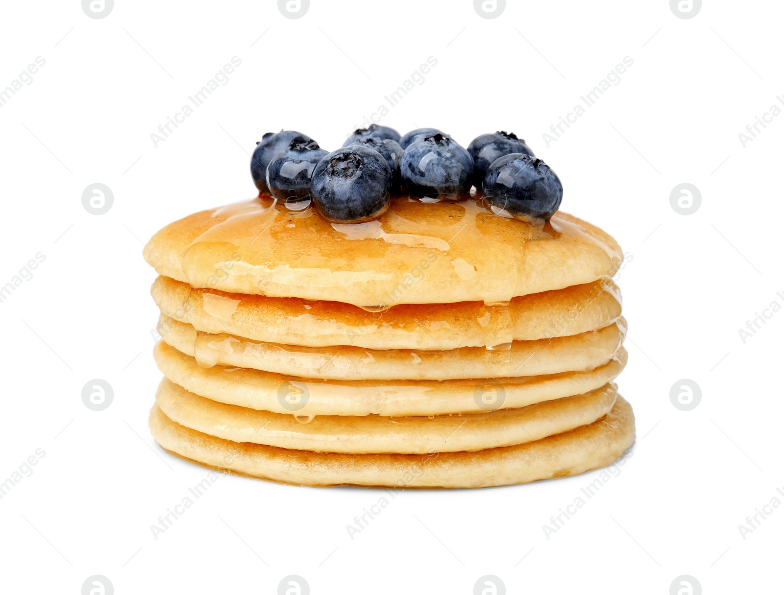 Photo of Stack of tasty pancakes with blueberries and honey isolated on white