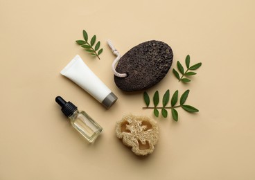 Flat lay composition with pumice stone on beige background