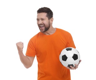 Emotional sports fan with ball celebrating on white background