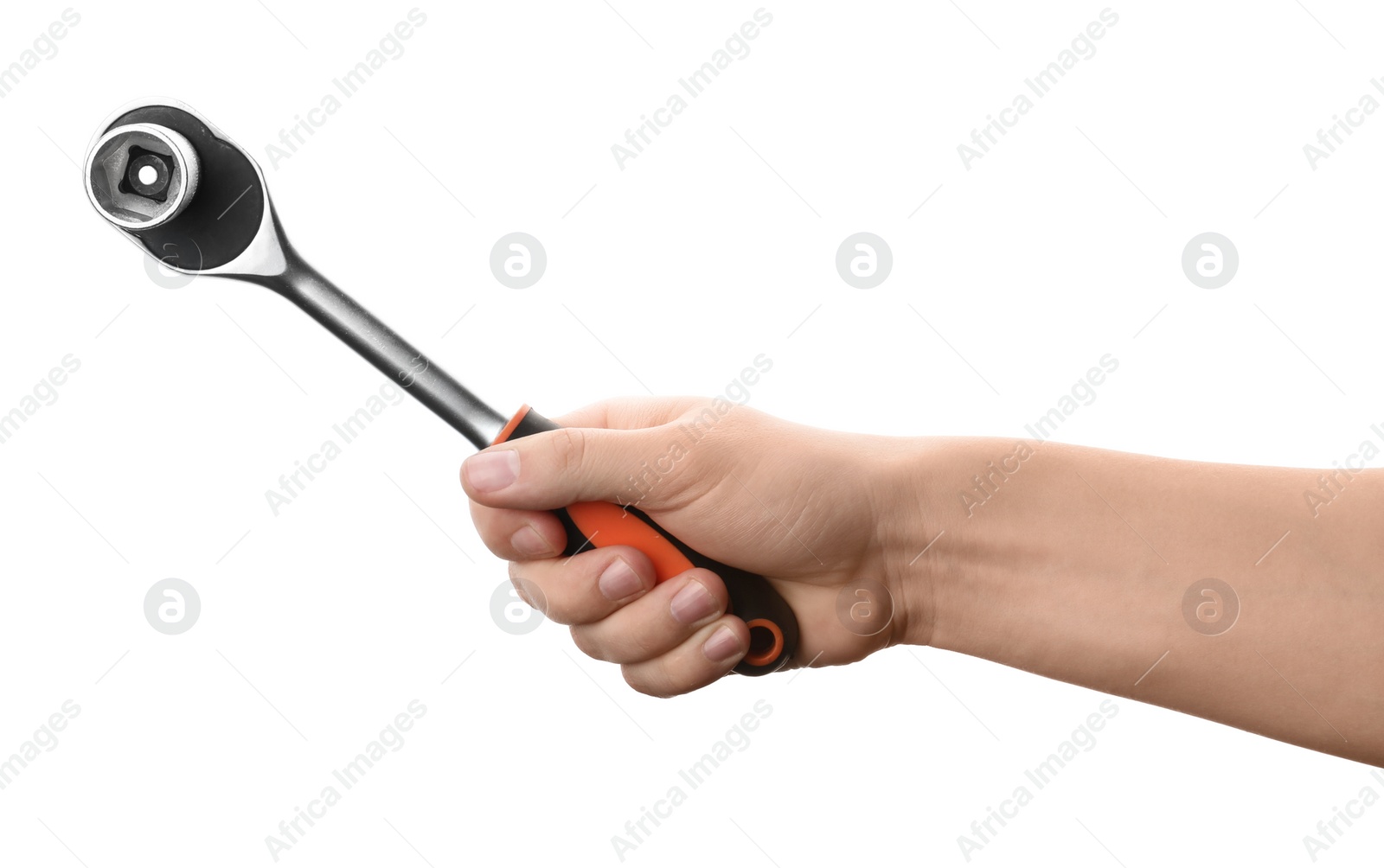 Photo of Auto mechanic holding socket wrench isolated on white, closeup