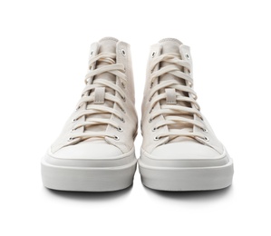 Photo of Stylish sneakers on white background