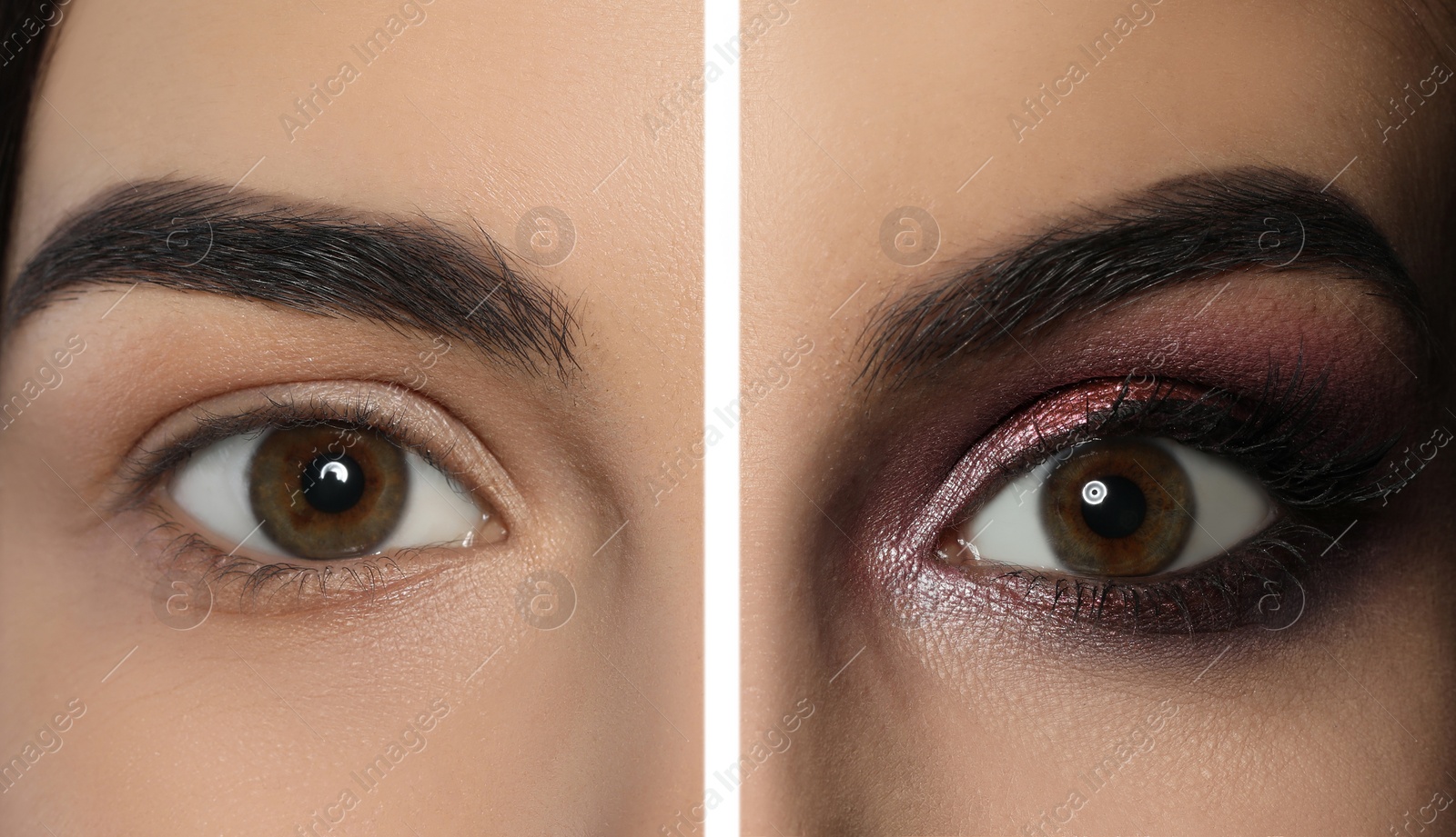 Image of Closeup view of beautiful young woman with and without makeup, collage. Eye shadow product