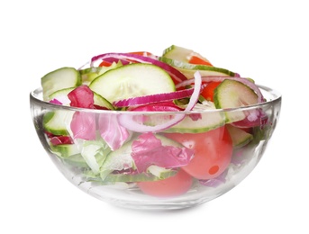 Photo of Delicious fresh cucumber tomato salad in bowl on white background