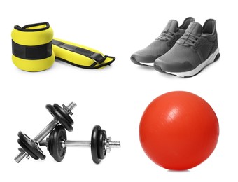 Set with different fitness equipment on white background