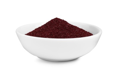 Photo of Bowl with dark red food coloring isolated on white