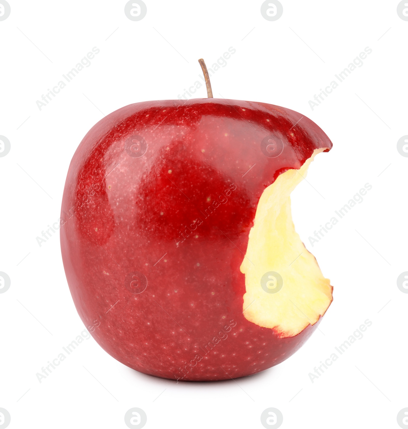 Photo of Ripe juicy red apple with bite mark on white background