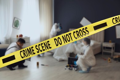 Yellow tape blocking way to crime scene. Investigator and criminologist working in room