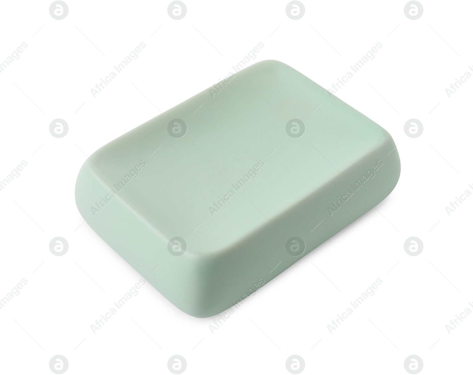 Photo of Bath accessory. Light green ceramic soap dish isolated on white