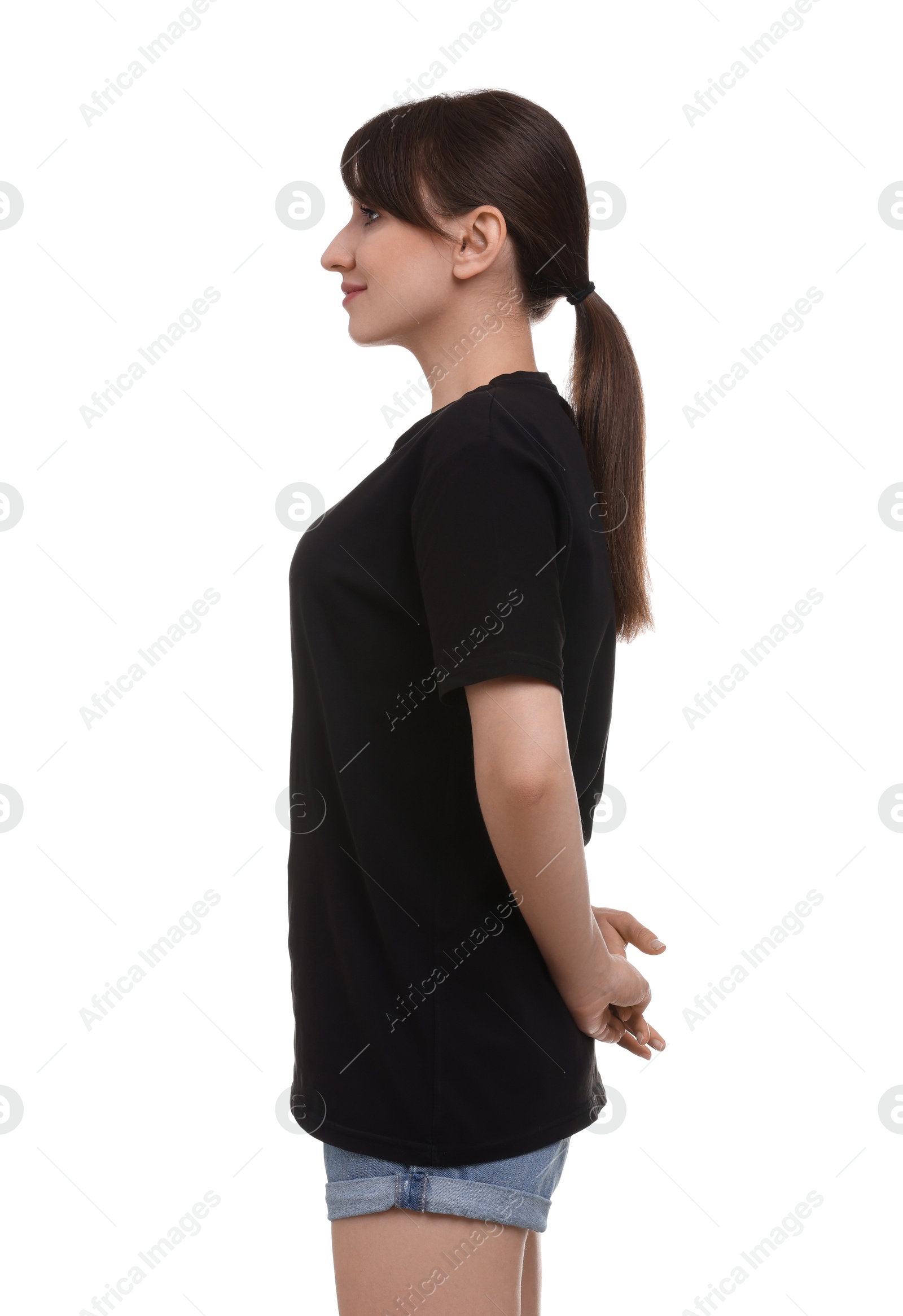 Photo of Smiling woman in stylish black t-shirt on white background