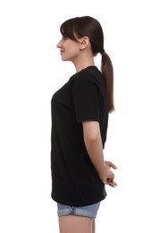 Photo of Smiling woman in stylish black t-shirt on white background