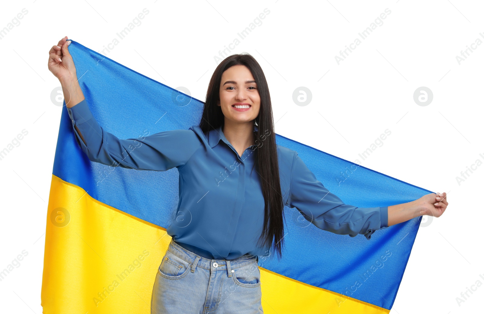 Photo of Young woman with flag of Ukraine on white background